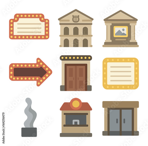 Cultural Venue Icons. Flat icon set of cultural venues: theater marquee, opera house, gallery façade, cinema