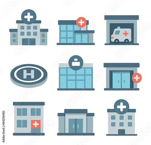 Healthcare Icon Grid. Flat icon set of healthcare architecture: hospital wing, ER entrance, ambulance bay,