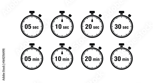 Vintage Stopwatch Timer Set � Eight Clock Icons Showing Different Times