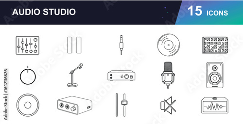 Audio Studio Music Production Vector Icons. Featuring microphone, headphones, mixing console, speaker, music note, equalizer, synthesizer, record, sound wave, and more. Modern line art for audio