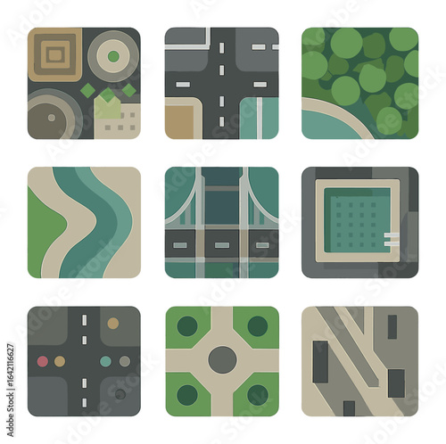 Aerial Cityscape Icons. Flat icon set of aerial cityscapes: skyscraper tops, road grid, park canopy, river