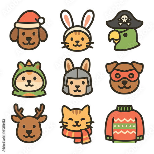 Festive Pet Costume Icons. Flat icon set of holiday pet costumes: Santa hat dog, bunny ears cat, pirate parrot