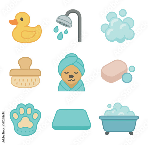 Pet Bath Icon Set. Flat icon set of pet bath time fun: rubber duck, showerhead, bubbly foam, pet scrub brush,