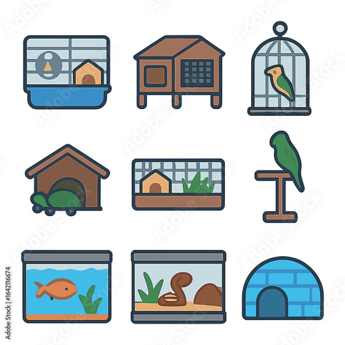 Pet Home Icons. Flat icon set of small pet homes: hamster cage, rabbit hutch, bird cage, turtle house, guinea