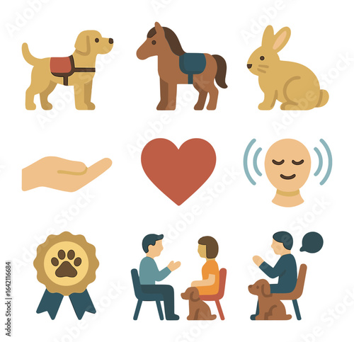 Therapy Animal Icons. Flat icon set of therapy animals: dog with vest, horse, cat, rabbit, handler hand, heart