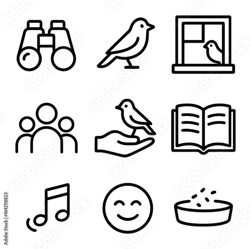 Birdwatching Icon Set. Outline icon set of window birdwatch: binoculars, bird silhouette, window sill, family