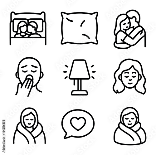 Morning Cuddle Icons. Outline icon set of morning cuddle: bed scene, pillow smush, gentle hug, yawning face,