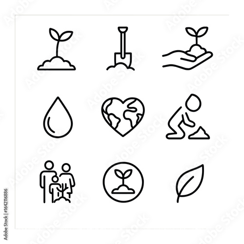 Tree Planting Icons. Outline icon set of tree planting: sapling plant, shovel down, soil hand, watering drop,