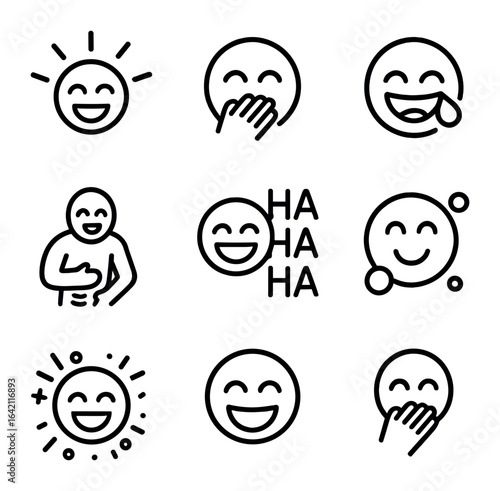 Laughter Icon Set. Outline icon set of spontaneous laughter: burst lines, eye closed grin, hand over mouth,
