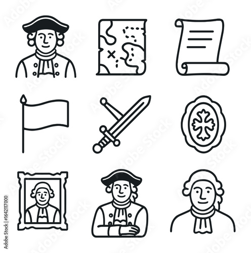 Historical Reenactment Icons. Outline icon set of senior historical reenactment portrait: period costume, old