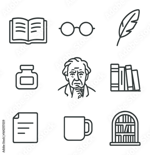 Literary Icon Collection. Outline icon set of senior literary portrait: open book, glasses, quill pen, ink