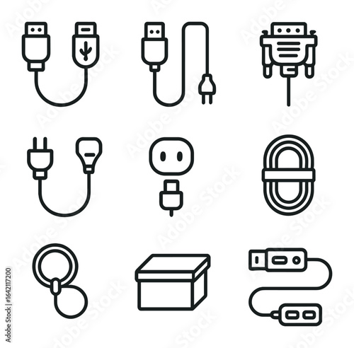 Tech Cable Icons. Outline icon set of tech cable kits: HDMI cable, USB cable, VGA cable, power cable, adapter