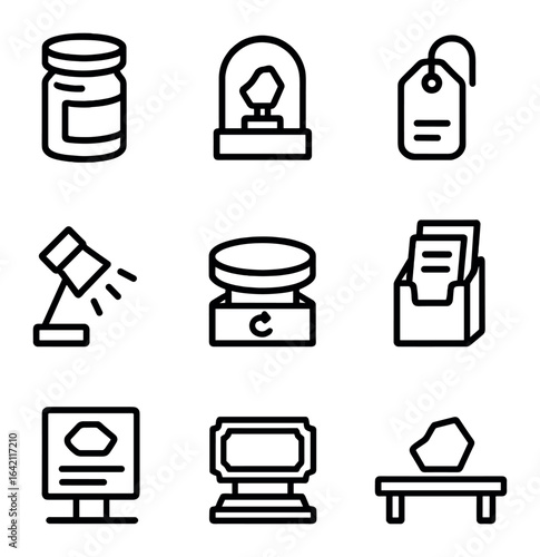 Artifact Display Icons. Outline icon set of artifact & sample display: sample jar, mini display case, info tag