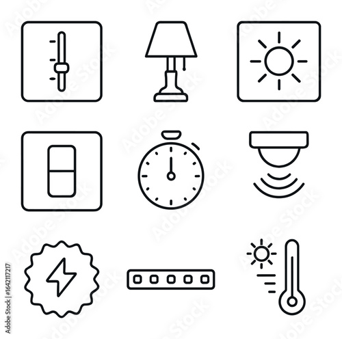 Lighting Control Icons. Outline icon set of lighting control panel: dimmer slider, lamp icon, brightness meter