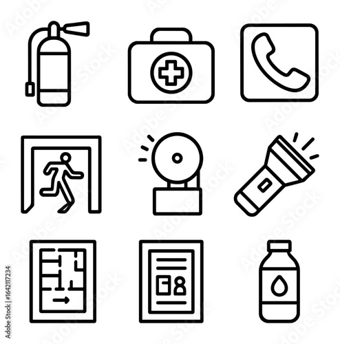 Emergency Icons Grid. Outline icon set of emergency station: fire extinguisher, first aid kit, emergency phone