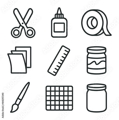 Craft Tools Grid. Outline icon set of craft & DIY corner: scissors, glue bottle, tape, colored paper, ruler,