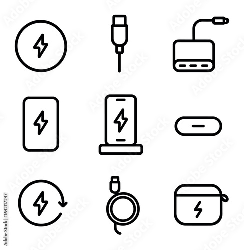 Quick-Access Charging Icons. Outline icon set of quick-access charging: wireless pad, USB-C cable, multiport