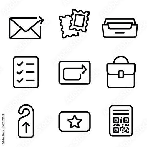 Mail Delivery Icon Set. Outline icon set of mail & outbound delivery: outgoing envelope, stamp stack, mail