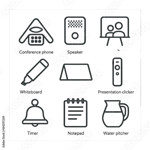 Meeting Zone Icons. Outline icon set of meeting zone setup: conference phone, speaker, collaboration pad,