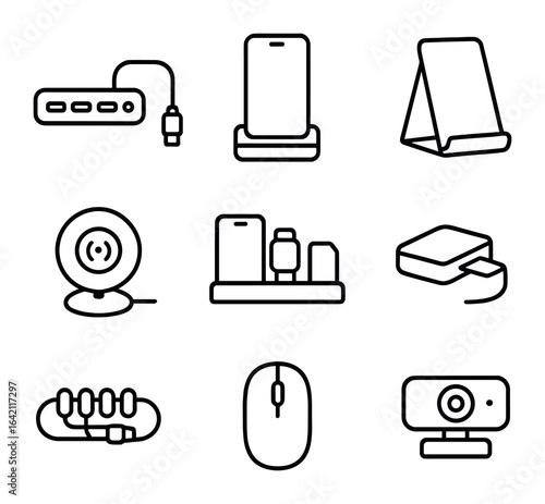 Gadget Docking Icons. Outline icon set of USB & gadget docking: USB hub, phone dock, tablet stand, wireless