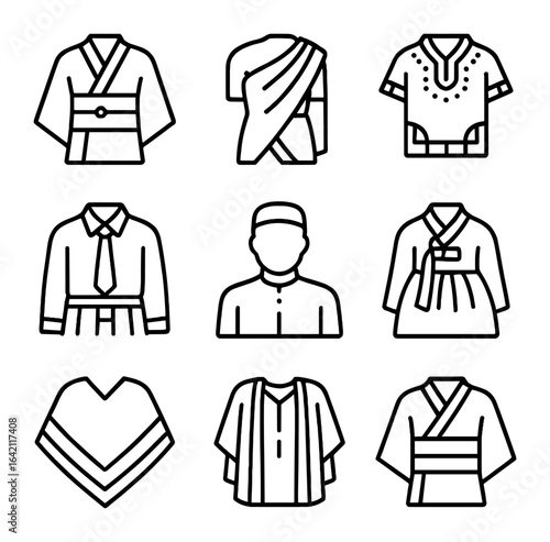 Traditional Clothing Icons. Outline icon set of traditional clothing portraits: kimono, sari, dashiki, kilt,