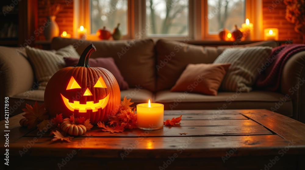 Obraz premium Close-up of rustic Halloween table setup with glowing Jack-o-lanterns and burning candles