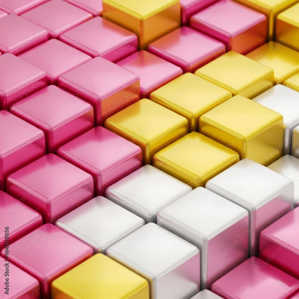 Fototapeta premium Colorful 3D Cubes and Rectangles Pattern with Pink, Yellow, White Blocks