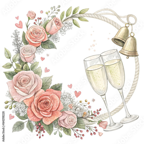 Romantic wedding celebration frame with pink roses, champagne flutes, golden bells, and hearts.
