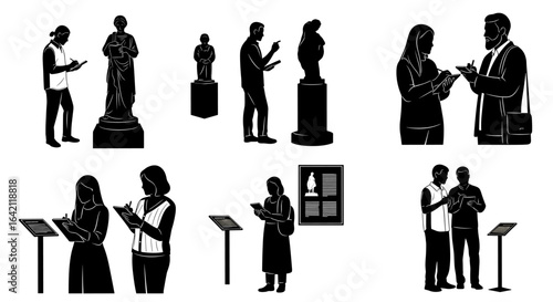 Engaged Visitors Exploring Artworks and Statues in a Contemporary Museum Setting