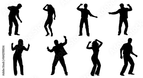 Dynamic silhouettes of people dancing joyfully in various poses against a clean white background