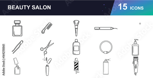 Beauty Salon & Hair Styling Vector Icons. Featuring hair dryer, comb, scissors, shampoo, lipstick, nail polish, makeup brush, perfume, beauty tools