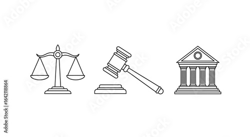 Illustrative Icons Representing Justice, Law, and Authority in a Minimalist Black and White Design