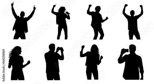 Dynamic silhouettes of people dancing and singing, expressing joy, celebration, and creativity in motion