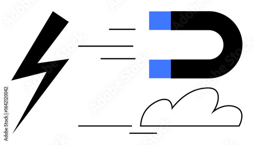 Magnet pulling energy symbolized by a lightning bolt, motion lines, and a cloud outline. Ideal for energy, magnetism, power, physics, attraction renewable energy and speed concepts. A simple flat