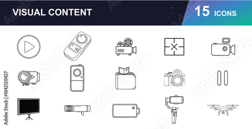Photography & Videography Equipment Vector Icons. Featuring camera, lens, tripod, drone, microphone, flash, video camera, memory card, light, and more. Modern line art for photo studios