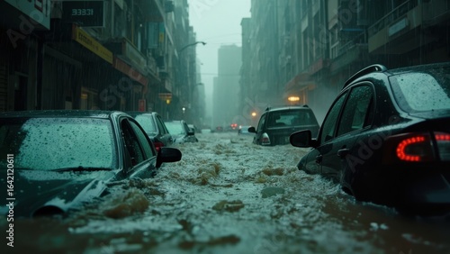 Flooded urban street with cars partially submerged in rushing water. Heavy rain continues, worsening the situation. Tall buildings line the background under a dark, stormy sky.