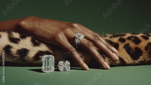 Black woman’s hand with diamond rings beside leopard fur, round diamonds and emerald cut white moissanite on green background