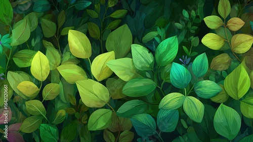 Seamless vector pattern of green leaves on dark background, cartoon style, flat detailed design, vibrant high resolution illustration