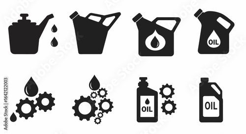 Collection of various oil and lubricant icons representing automotive and industrial applications and fluid dispensing containers