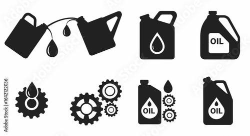Set of black and white vector illustrations depicting oil cans and gears symbolizing lubrication and mechanics for automotive and industrial applications