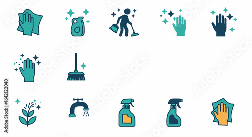 A Collection of Iconography Representing Various Cleaning Tools Supplies and Activities for Household and Professional Maintenance Services