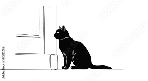 Simple continuous line drawing of a black cat on a doorstep