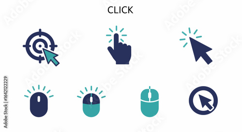 Collection of Icons Representing Clicks and Cursor Actions in Digital Interactions and Website Navigation with a Focus on User Interface Elements and Pointer Movements