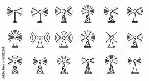Collection of Communications Towers and Antennas Broadcasting Wireless Signals Illustrating Network Infrastructure Technology 