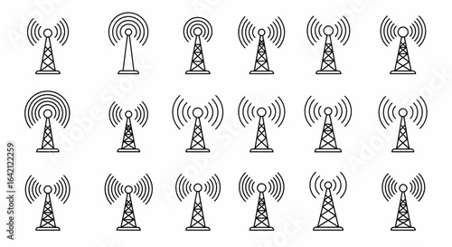Collection of Various Communications Towers and Antennas Sending Radio Waves Representing Wireless Signal Transmission Technology and Network Connectivity