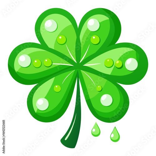 Four-Leaf Clover Vector with Dewdrops – Lucky Plant for Saint Patrick’s Day, Isolated on White Background