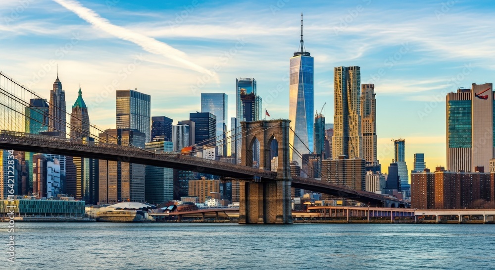 Naklejka premium New York Cityscape Featuring Brooklyn Bridge and Modern Architecture, USA Urban Skyline on Sunny Day