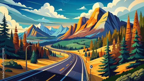 Endless Canadian wilderness reveals a majestic highway journey through breathtaking landscapes, winding roads, untamed nature, picturesque scenery, serene mountains, lush forests, and a dramatic sky p