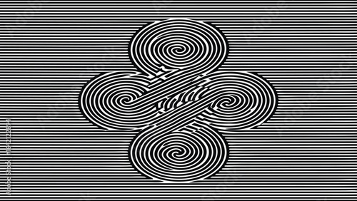 Abstract black and white art featuring overlapping spirals and horizontal line background