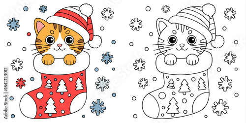 Adorable Christmas Kitten in Stocking Coloring Page Illustration